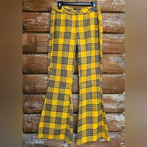 Almost Famous 90's Fall Flare Yellow & Blue Plaid Pants Bell Bottoms w/ Pockets